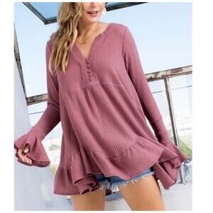 Free People Sz LG Olivia Henley Tunic Burgundy Oversized Bell Sleeve Cozy Swing